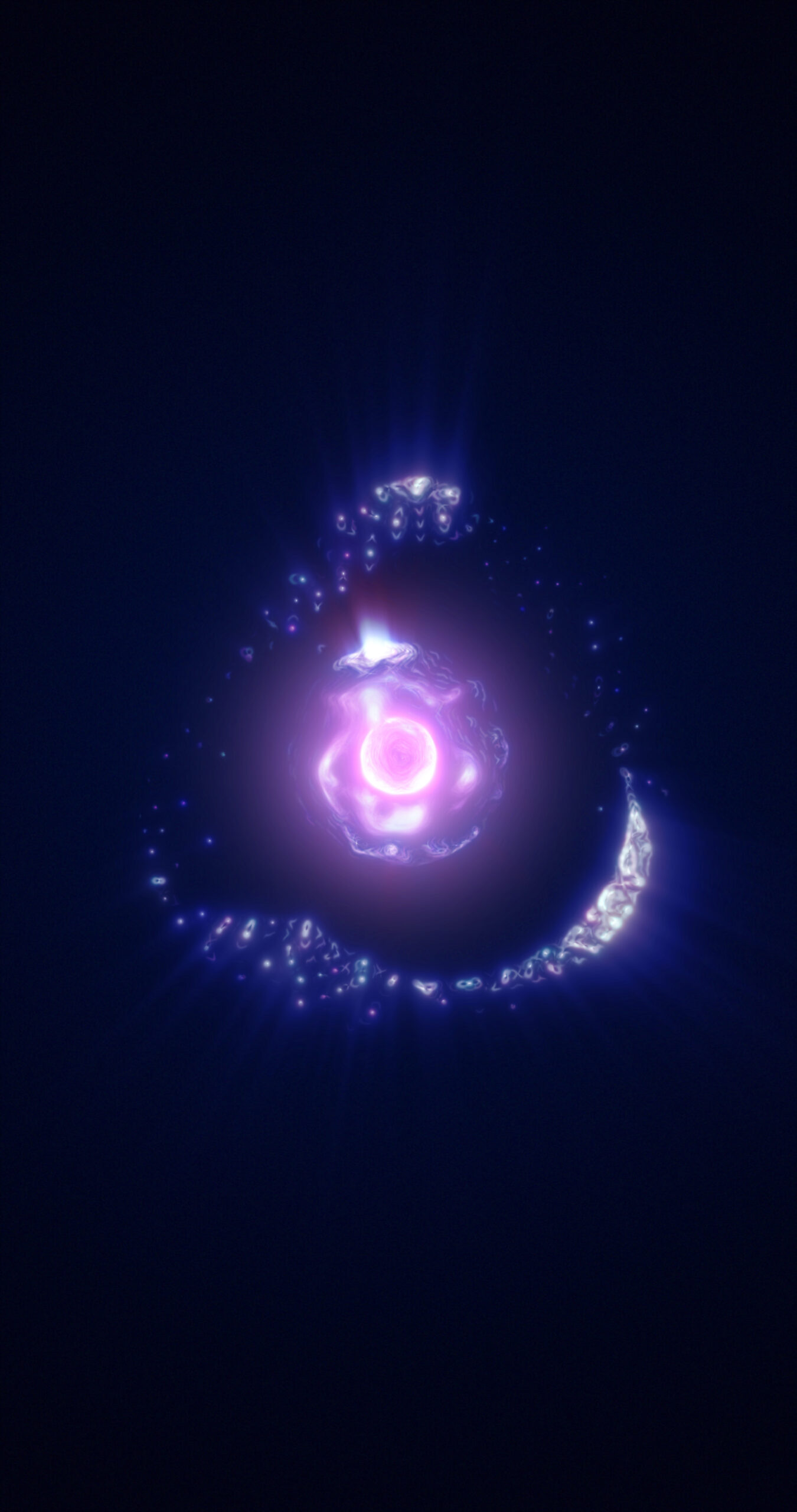 Abstract purple energy sphere with flying glowing bright particles, science futuristic atom with electrons hi-tech background.